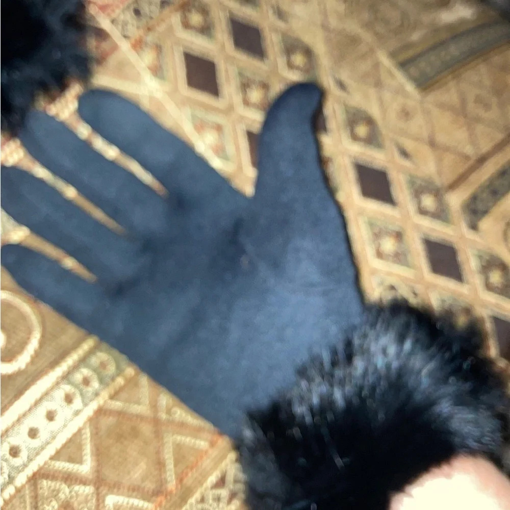 Black rabbit  Fur Trim Gloves black s-m